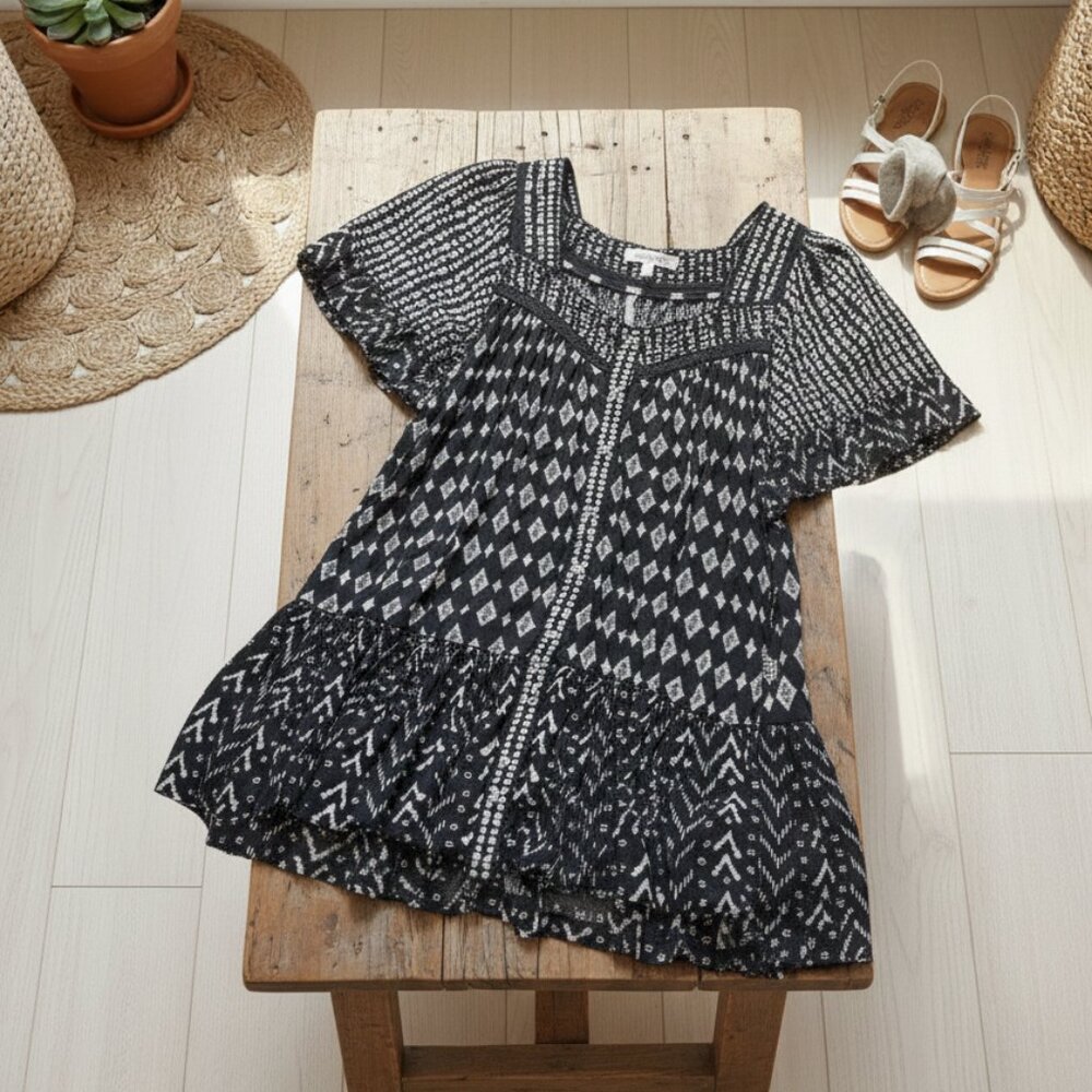 Free People Juno Smocked Mini Dress Black White Print Boho Babydoll Small Size